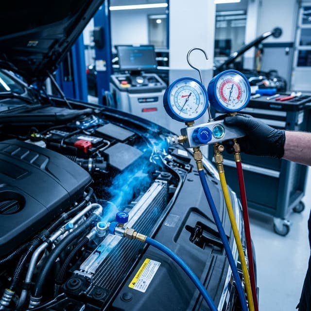 ٹیکنیشن کار کے AC سسٹم سے manifold gauges جوڑ رہا ہے