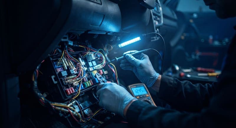 ٹیکنیشن multimeter سے کار کا fuse box ٹیسٹ کر رہا ہے